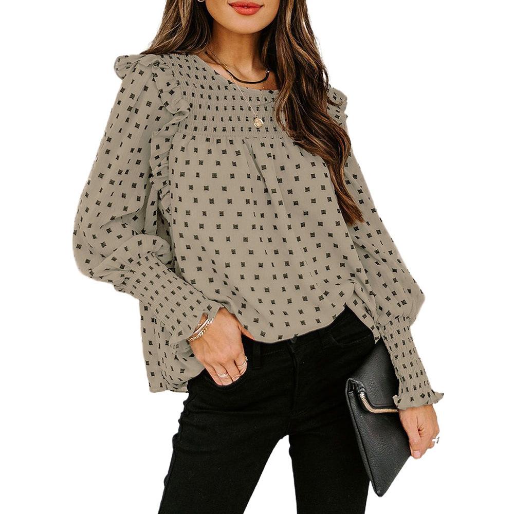 Women Ruffled Dot Print Chiffon Tops Blouses-Shirts & Tops-Khaki-S-Free Shipping Leatheretro