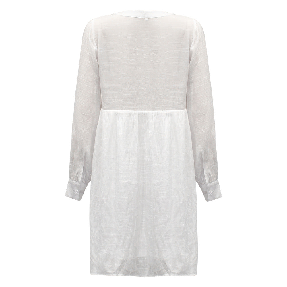 Casual White Long Sleeves Mini Dresses-White-S-Free Shipping Leatheretro