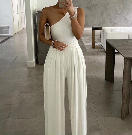 Simple One Shoulder Cozy Jumpsuits-One Piece Suits-White-S-Free Shipping Leatheretro