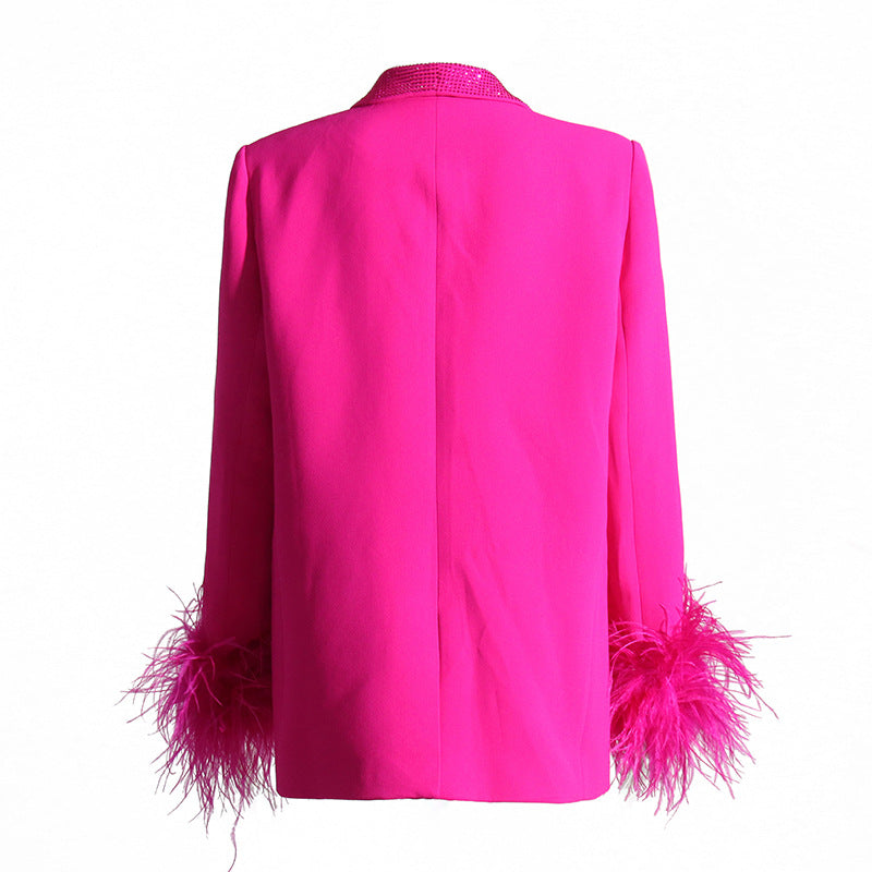 Luxury Designed Feather Blazer Coat for Women-Coats & Jackets-Rose Red-S-Free Shipping Leatheretro