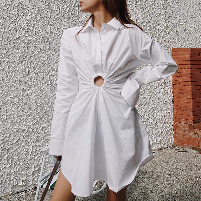 Designed Slim Waist Summer Mini Shirt Dresses-Shirts&Blouses-White-S-Free Shipping Leatheretro