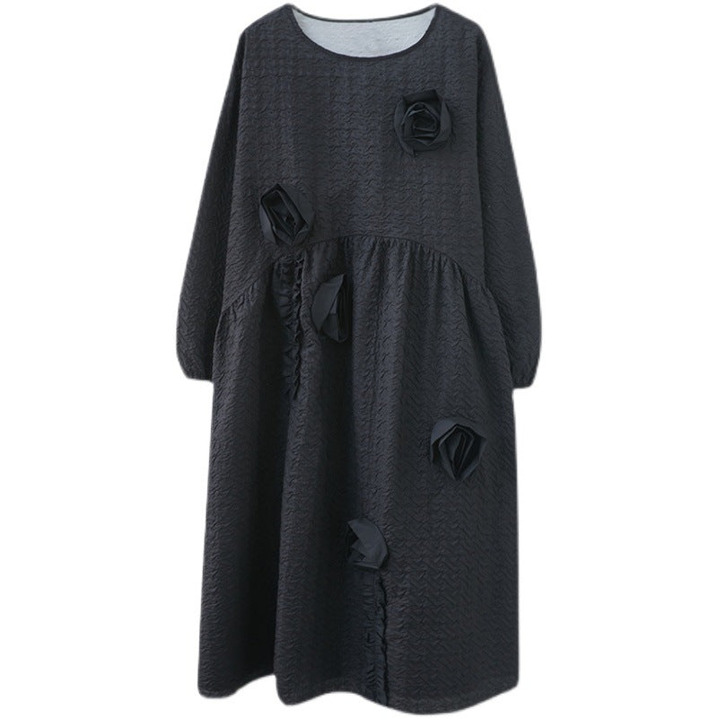 Vintage 3D Flower Black Long Cozy Dresses-Dresses-Black-L-Free Shipping Leatheretro