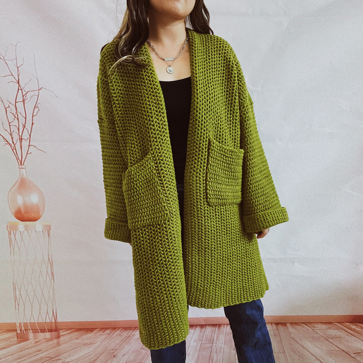 Casual Long Knitted Coats with Large Pockets-Outerwear-绿色-S-Free Shipping Leatheretro