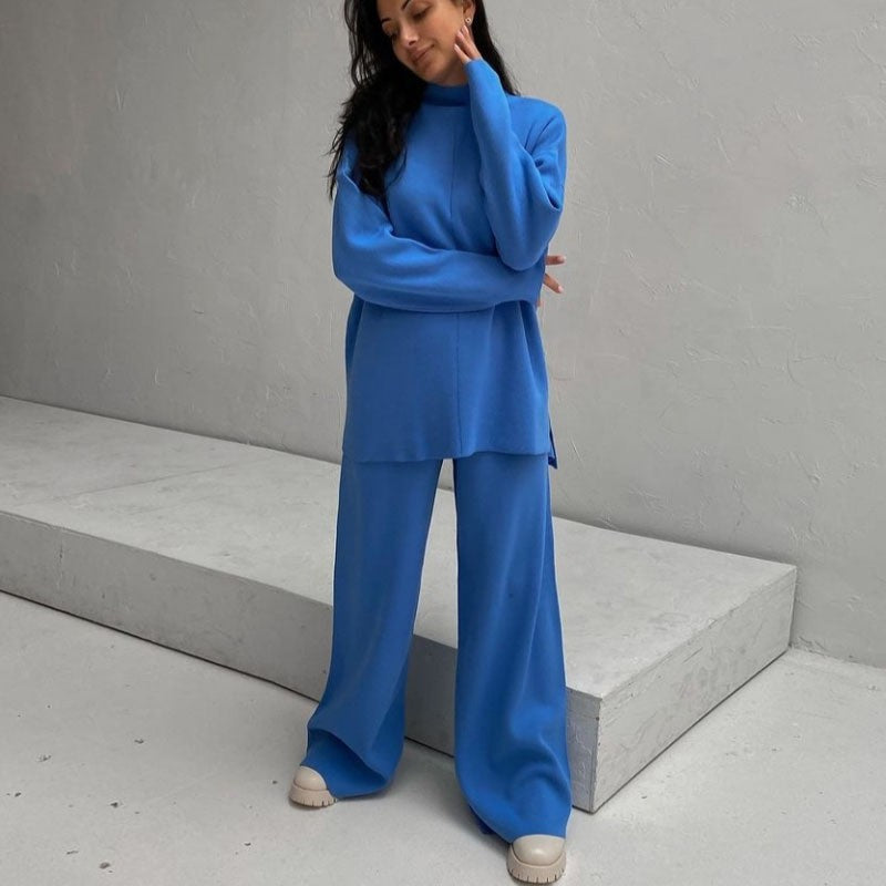 Winter Long Sleeves Knitted Tops and Wide Leg Pants-Suits-Blue-S-Free Shipping Leatheretro
