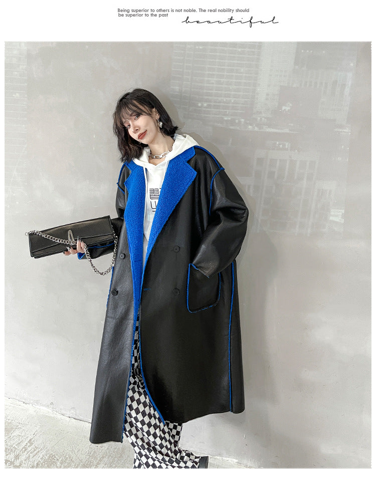 Reversible Leather Fur Thicken Winter Blazer Long Overcoat-Outerwear-Blue-One Size-Free Shipping Leatheretro