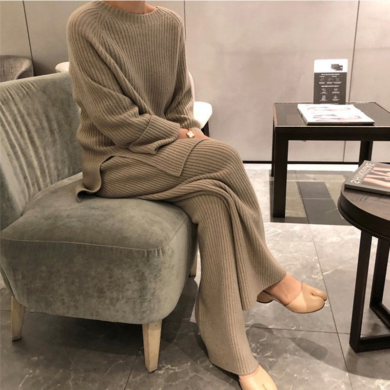 Fall Knitting Pullover Sweaters & Wide Legs Pants Suits-Suits-Camel-One Size-Free Shipping Leatheretro