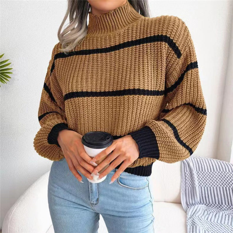 Fashion Striped High Neck Knitted Pullover Sweaters-Shirts & Tops-White-One Size-Free Shipping Leatheretro