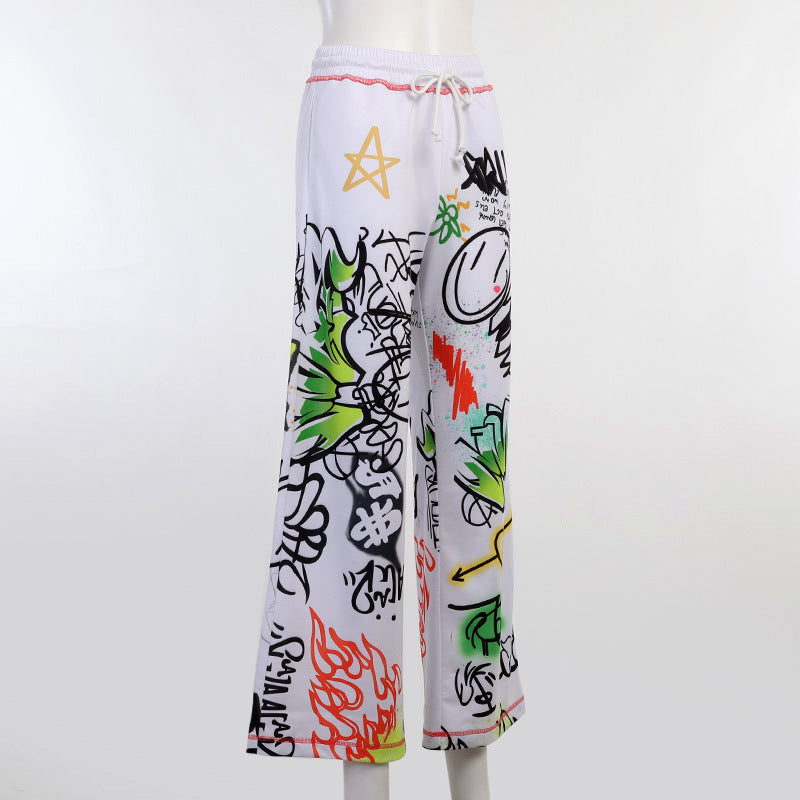 Casual Graffiti Print Wide Legs Pants for Women-Pants-The same as picture-S-Free Shipping Leatheretro