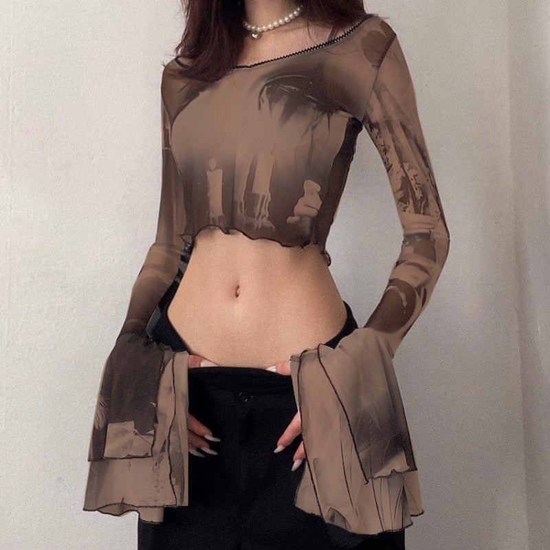 Summer Sexy Trumpet Sleeves Midriff Baring Women Shirts-Shirts & Tops-Brown-S-Free Shipping Leatheretro