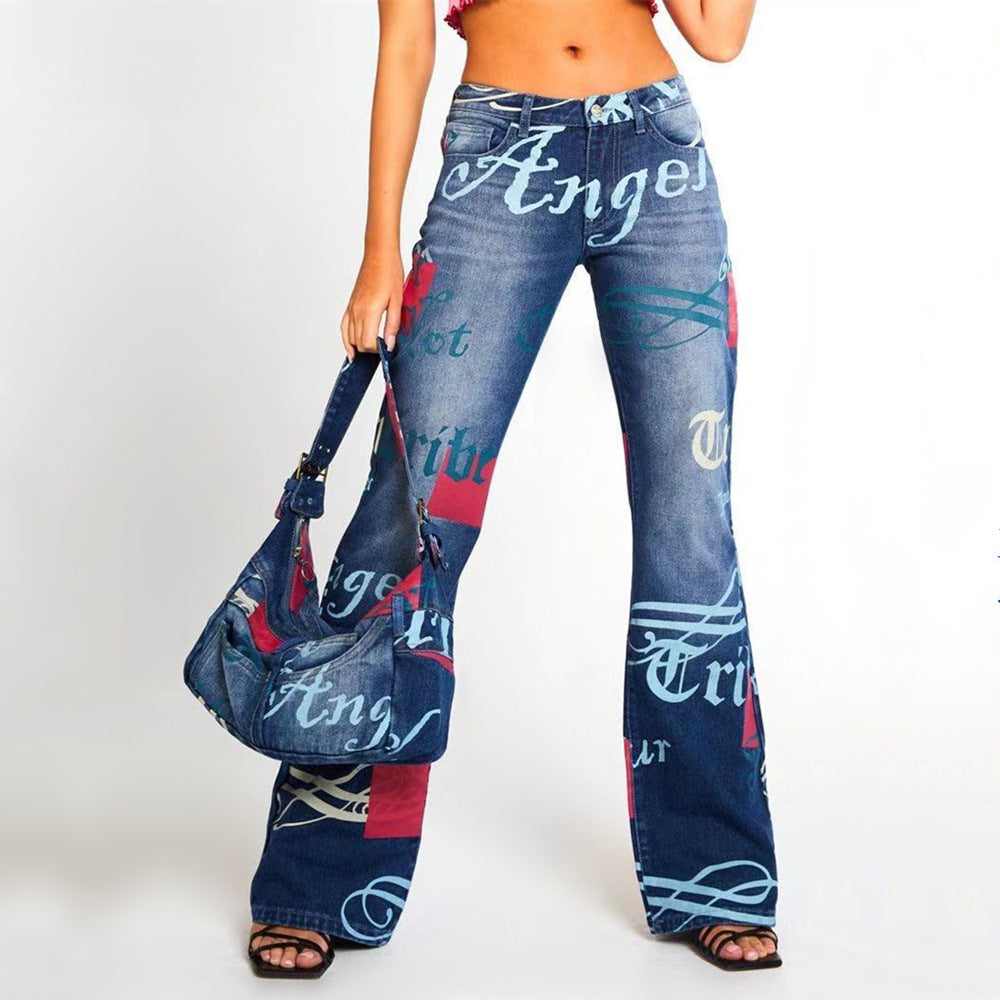 Casual Letter Print High Waist Pants-Pants-Blue-XS-Free Shipping Leatheretro