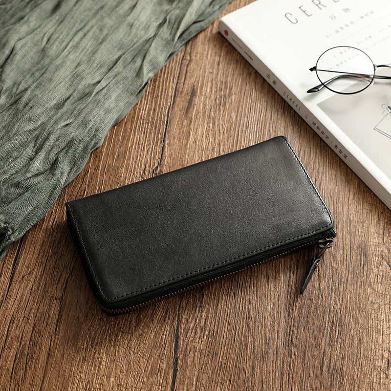 Vintage Vege Tanned Leather Long Zipper Wallets 19055-Handbags, Wallets & Cases-Black-Free Shipping Leatheretro
