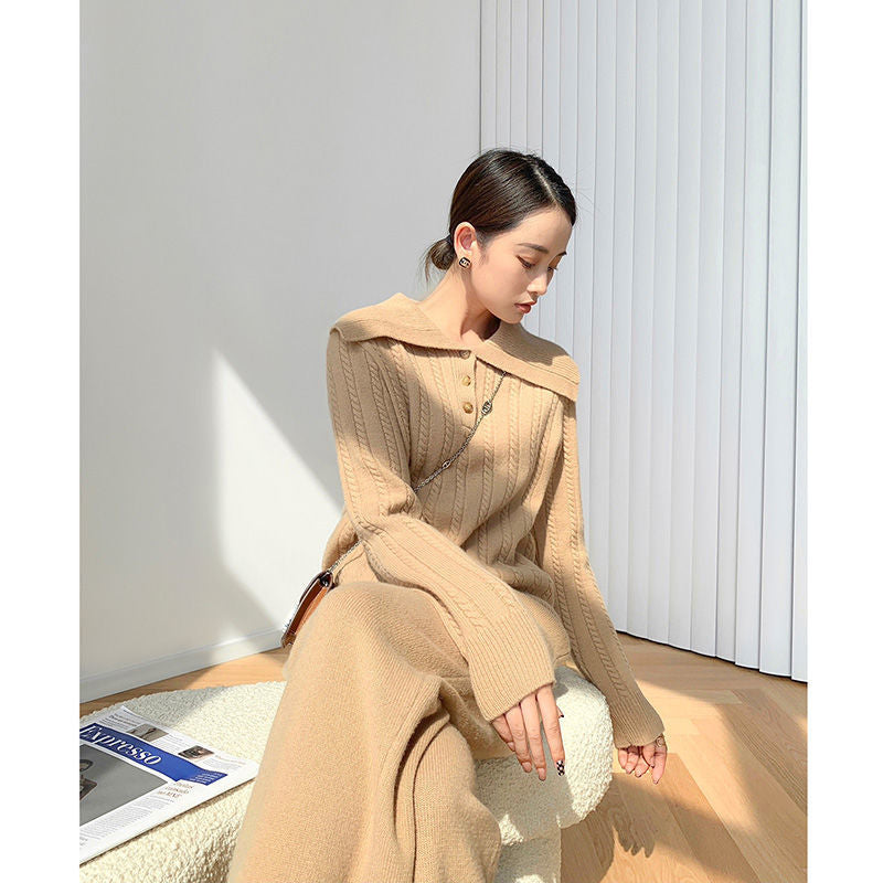 Fashion Knitted Pullover Sweater and Wide Legs Pants Sets-Suits-Khaki-One Size-Free Shipping Leatheretro