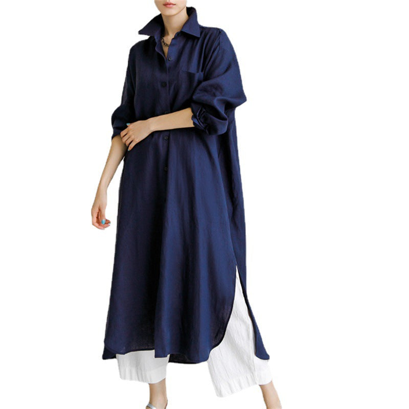 Casual Cotton Plus Sizes Long Sleeves Shirts Dresses-Dresses-Navy Blue-S-Free Shipping Leatheretro