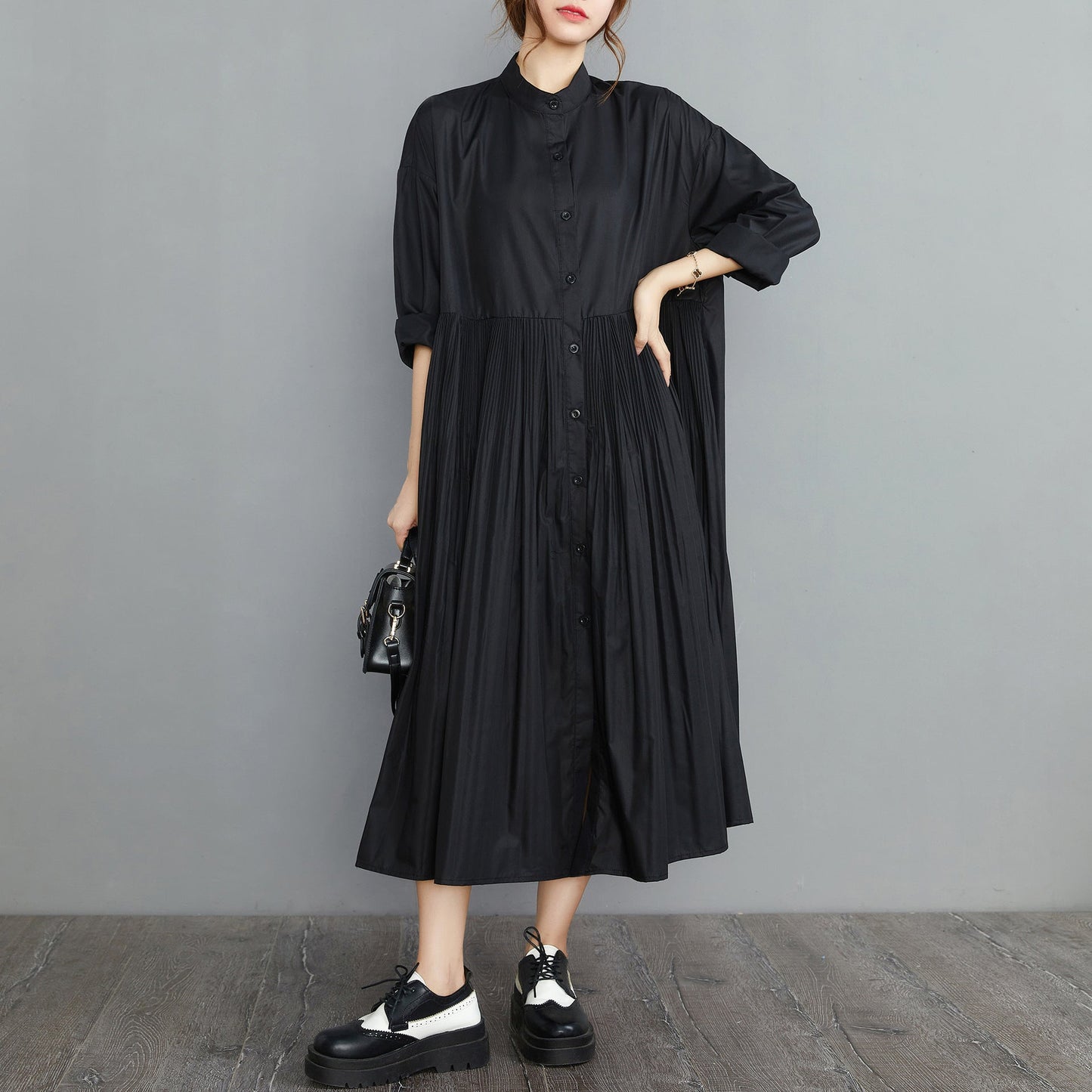 Vintage Stand Collar Plus Sizes Fall Shirts Dresses-Dresses-Black-L-Free Shipping Leatheretro