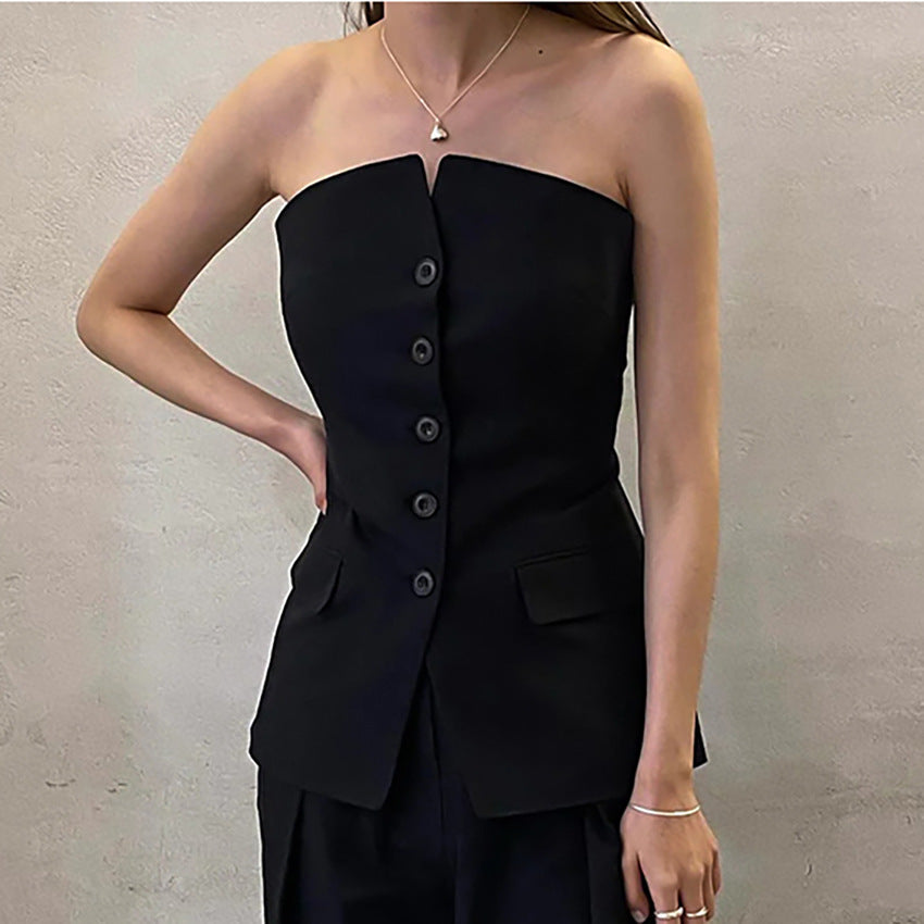 Fashion Designed Black Sleeveless Vest with Button-vest-Black-S-Free Shipping Leatheretro