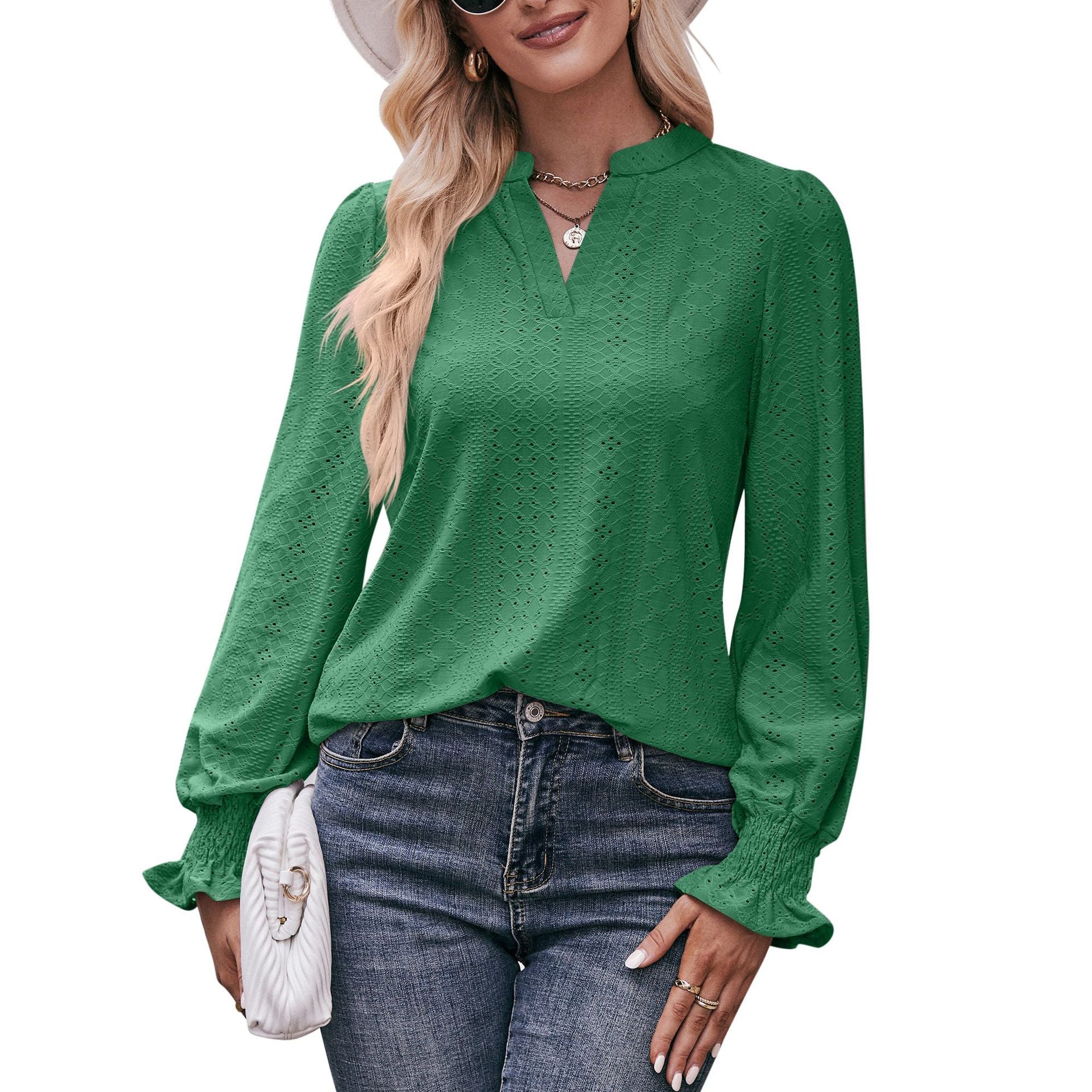 Casual V Neck Long Sleeves Fall Shirts-Shirts & Tops-Grass Green-S-Free Shipping Leatheretro