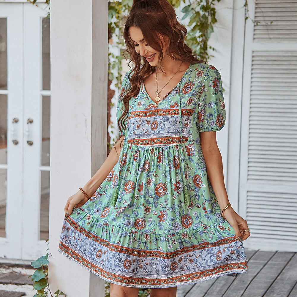 Casual Bohemian Summer Short Dresses-Dresses-Green-S-Free Shipping Leatheretro