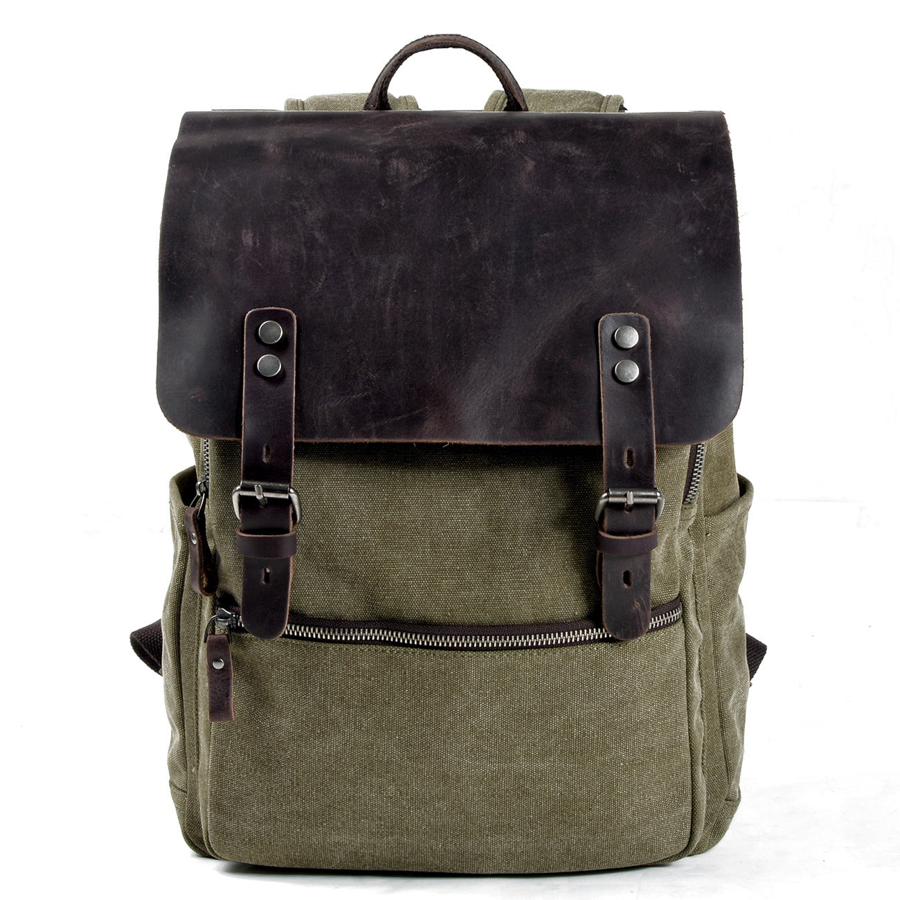 Vintage Cusual Traveling Leather Canvas Laptop Backpack 5073-Backpacks-Army Green-Free Shipping Leatheretro