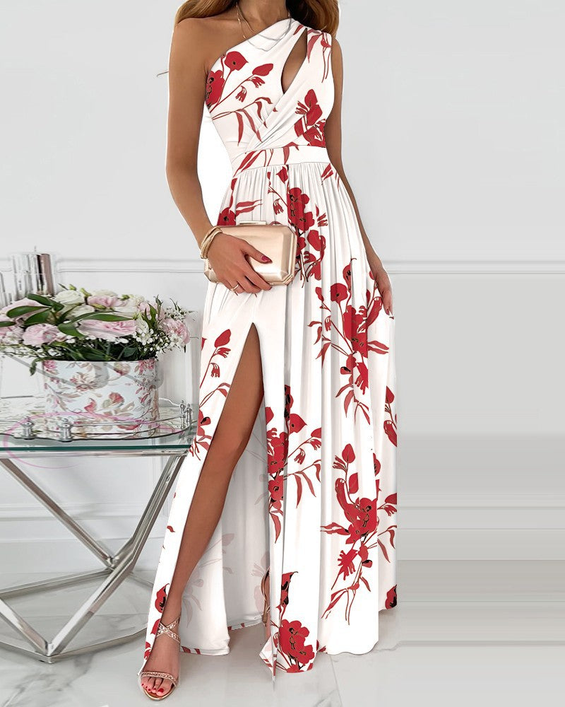 Sexy One Shoulder Split Front Summer Long Dresses-Maxi Dreses-Red-S-Free Shipping Leatheretro