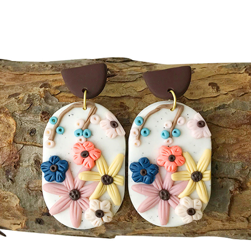 Engraved Flowers Handmade Clay Earrings for Women-Earrings-4-Free Shipping Leatheretro