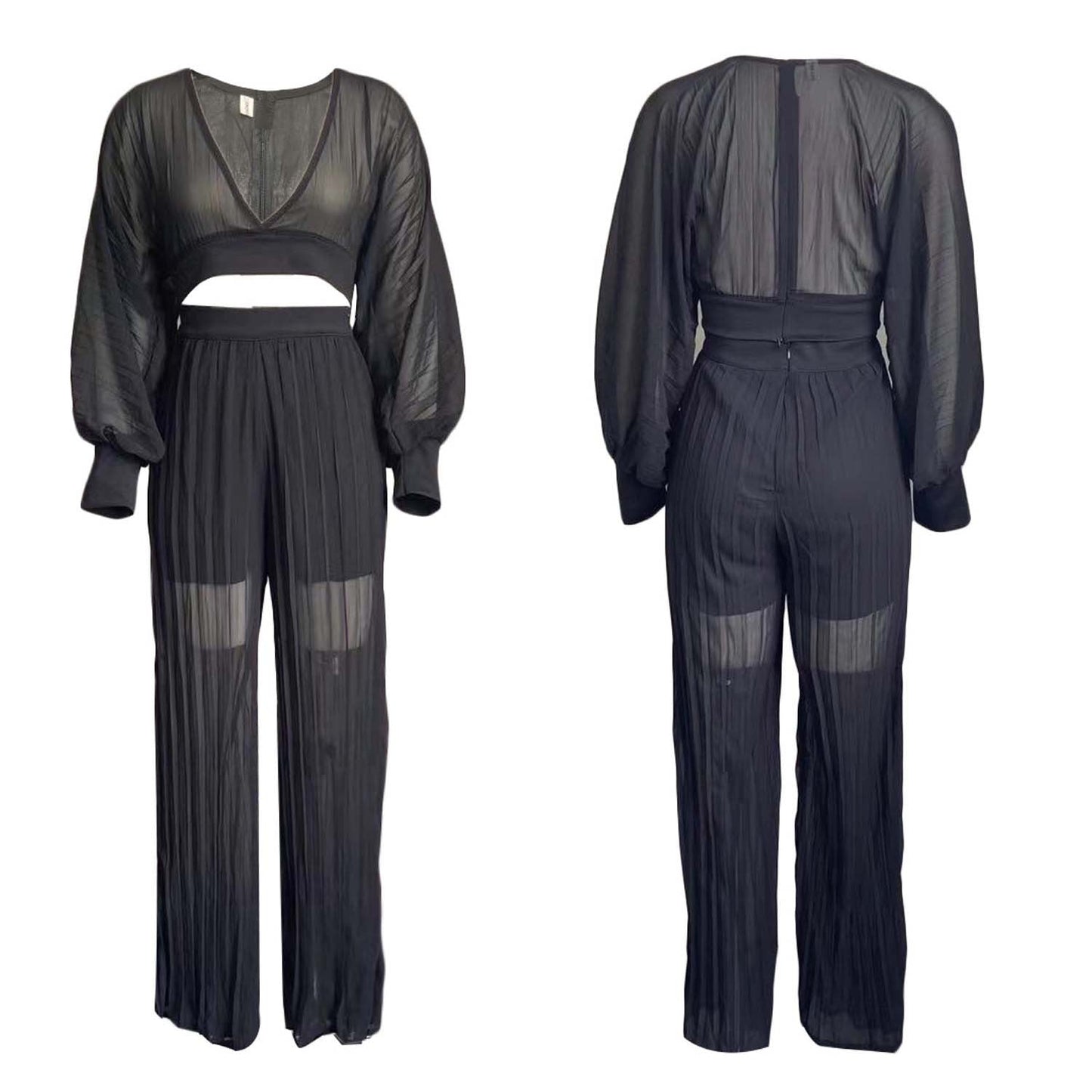 Sexy Women Two Pieces Long Sleeves Short Tops and Wide Legs Pants-Suits-Black-S-Free Shipping Leatheretro