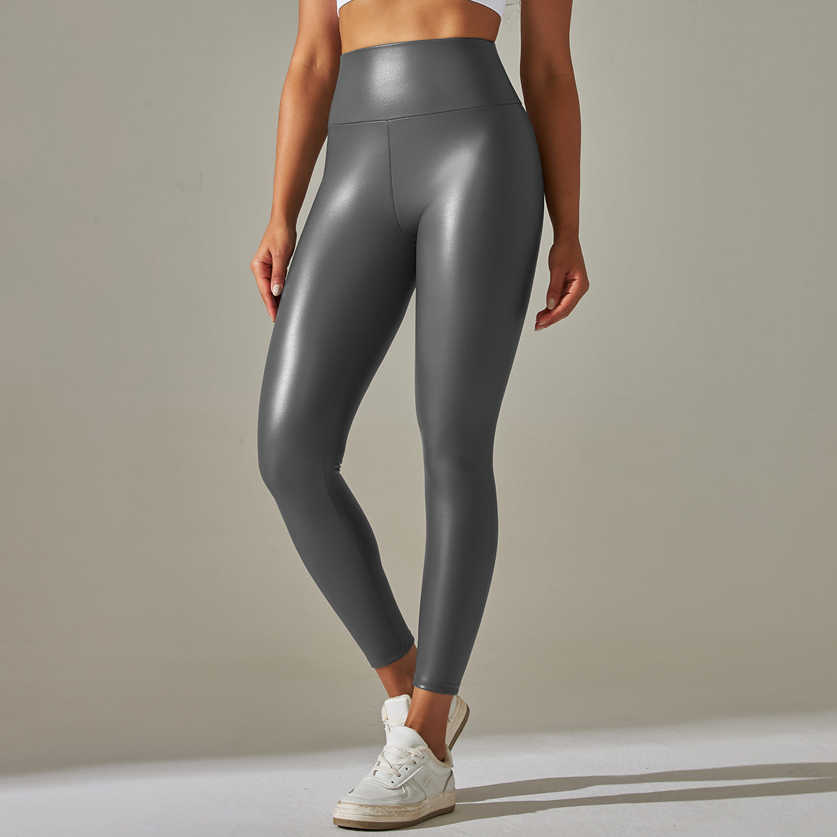Sexy Elastic Pu High Waist Yoga Leggings-Pants-Gray-XS-Free Shipping Leatheretro