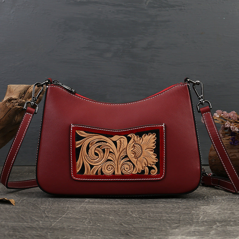 Vintage Engraved Cowhide Leather Shoulder Bags 9086-Handbags-Red-Free Shipping Leatheretro
