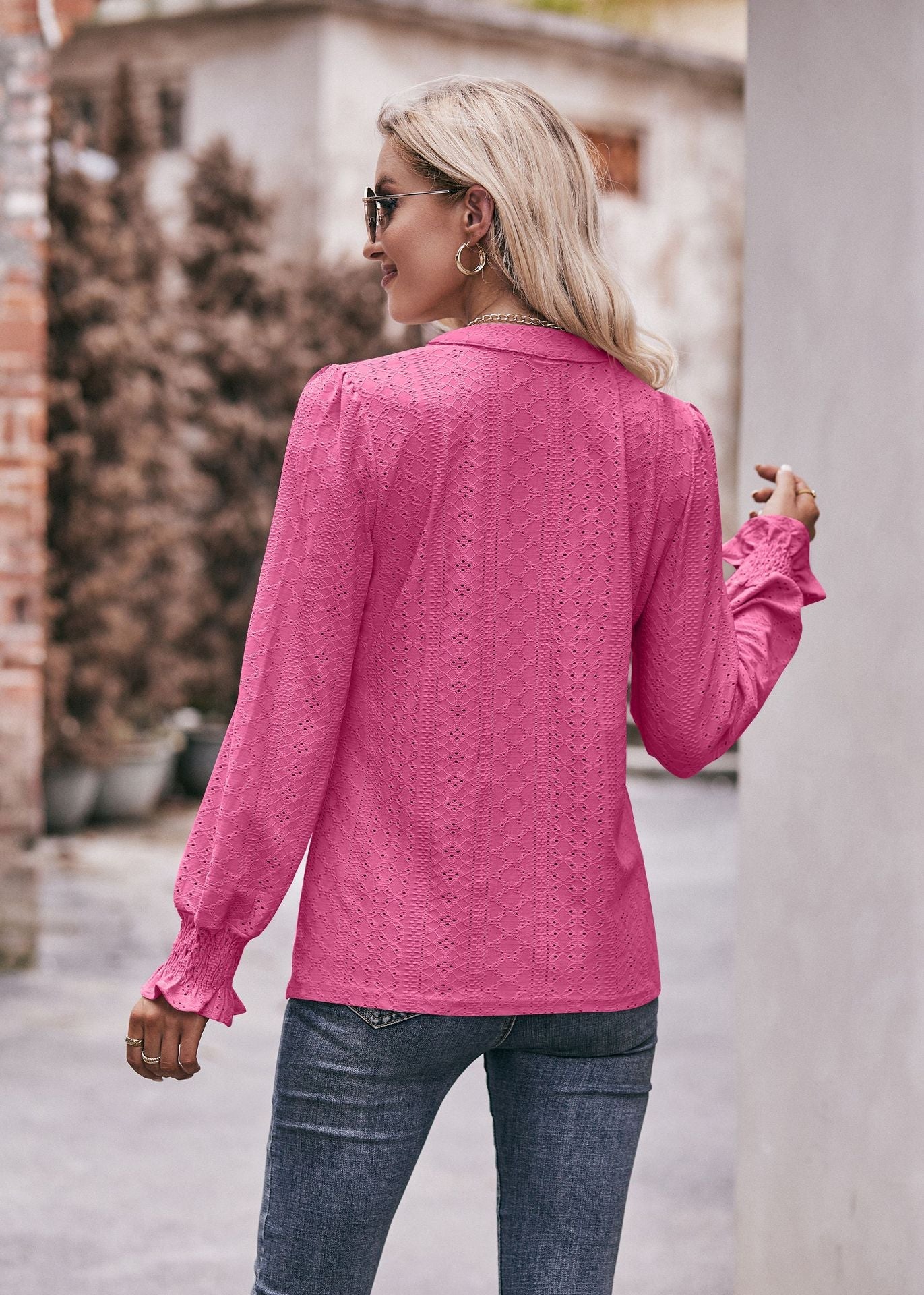 Casual V Neck Long Sleeves Fall Shirts-Shirts & Tops-Rose Red-S-Free Shipping Leatheretro