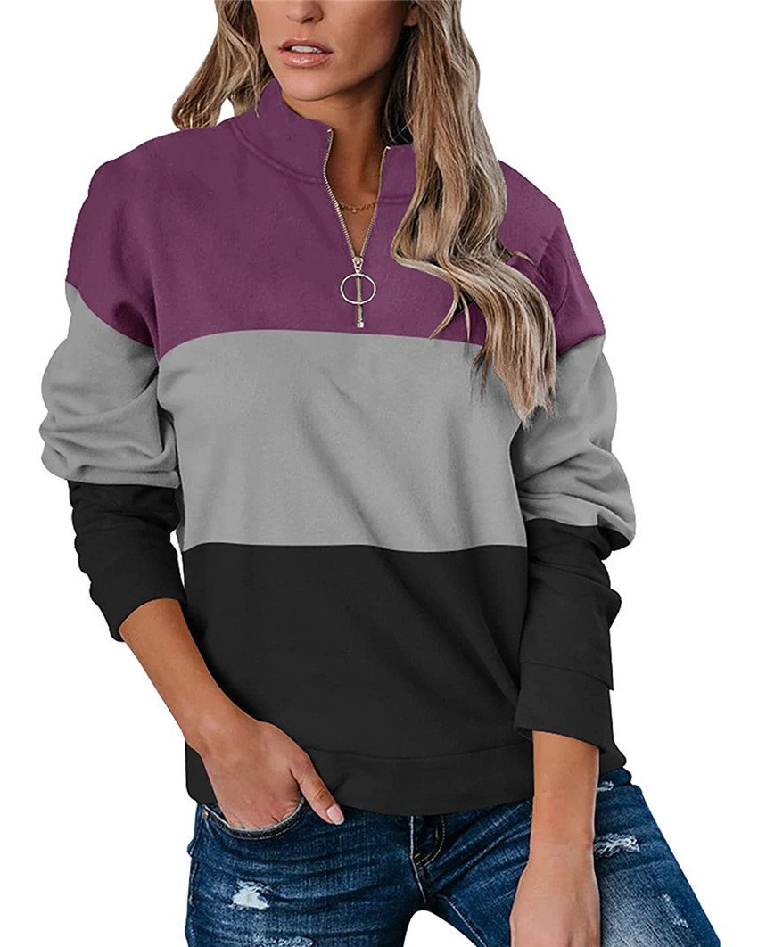 Women Casual Contrast 3 Colors Zipper Neck Fall Hoodies-Shirts & Tops-Purple-S-Free Shipping Leatheretro