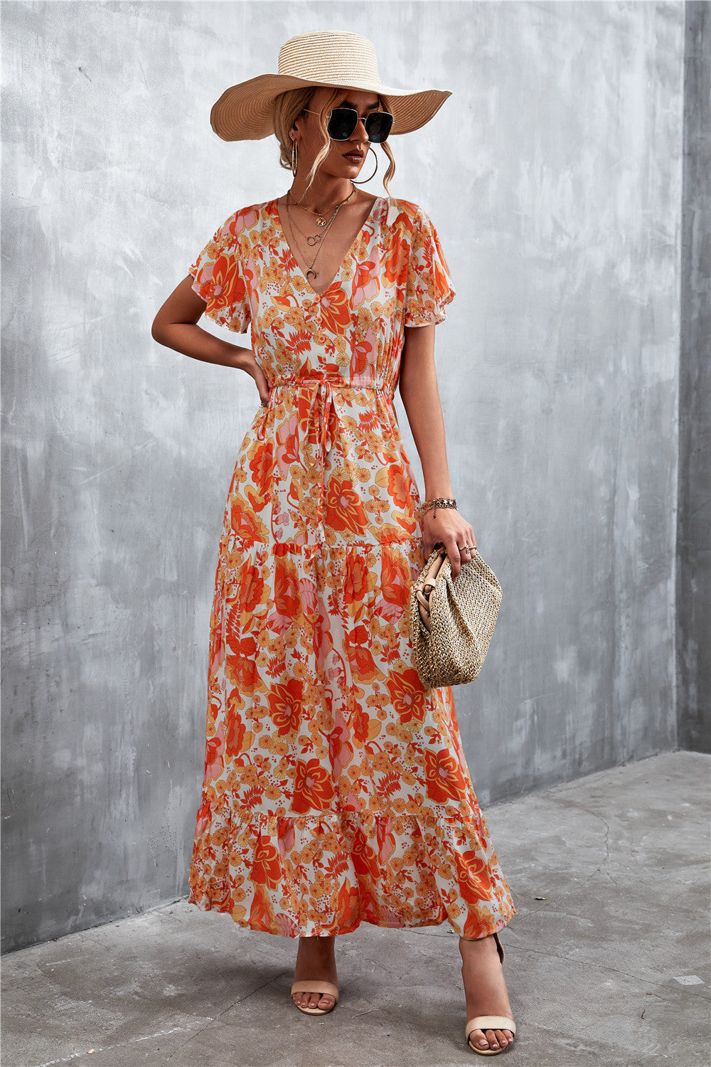 Casual V Neck Long Maxi Dresses-Dresses-Orange-S-Free Shipping Leatheretro