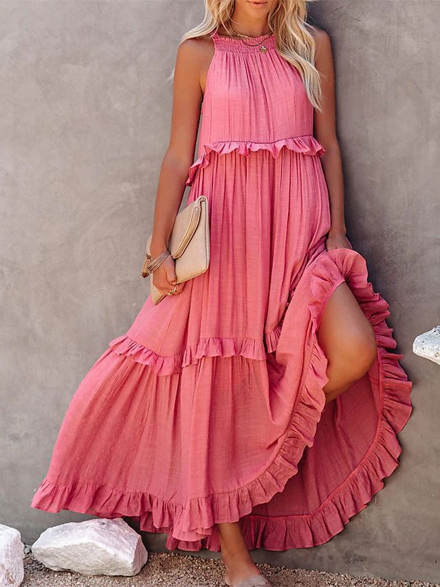 Casual Ruffled Summer Holiday Long Maxi Dresses-Dresses-Pink-S-Free Shipping Leatheretro