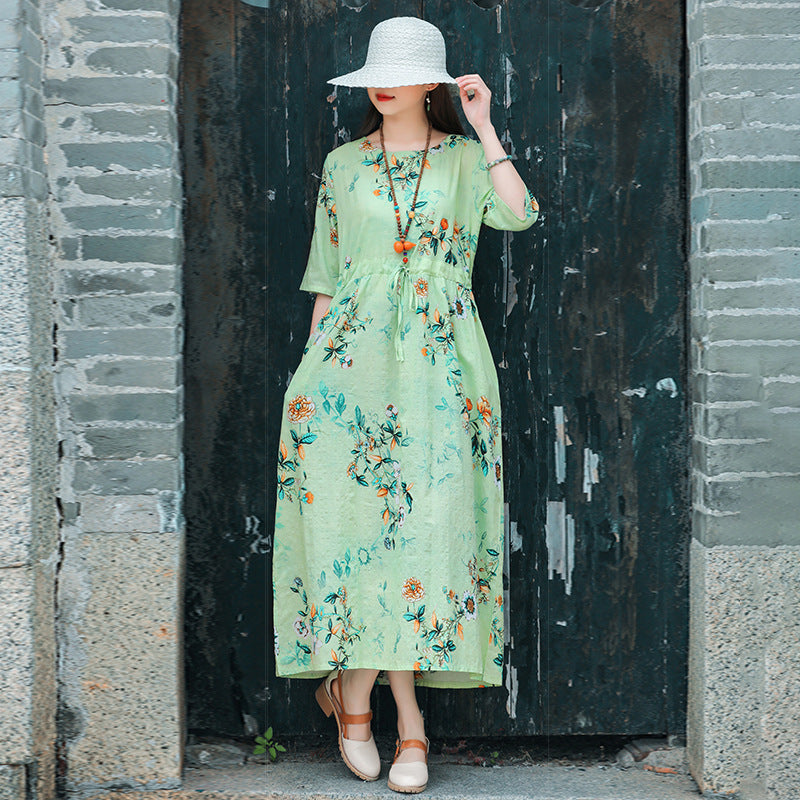Ethinc Line Summer Half Sleeves Women Long Dresses-Dresses-Light Green（886）-M-Free Shipping Leatheretro