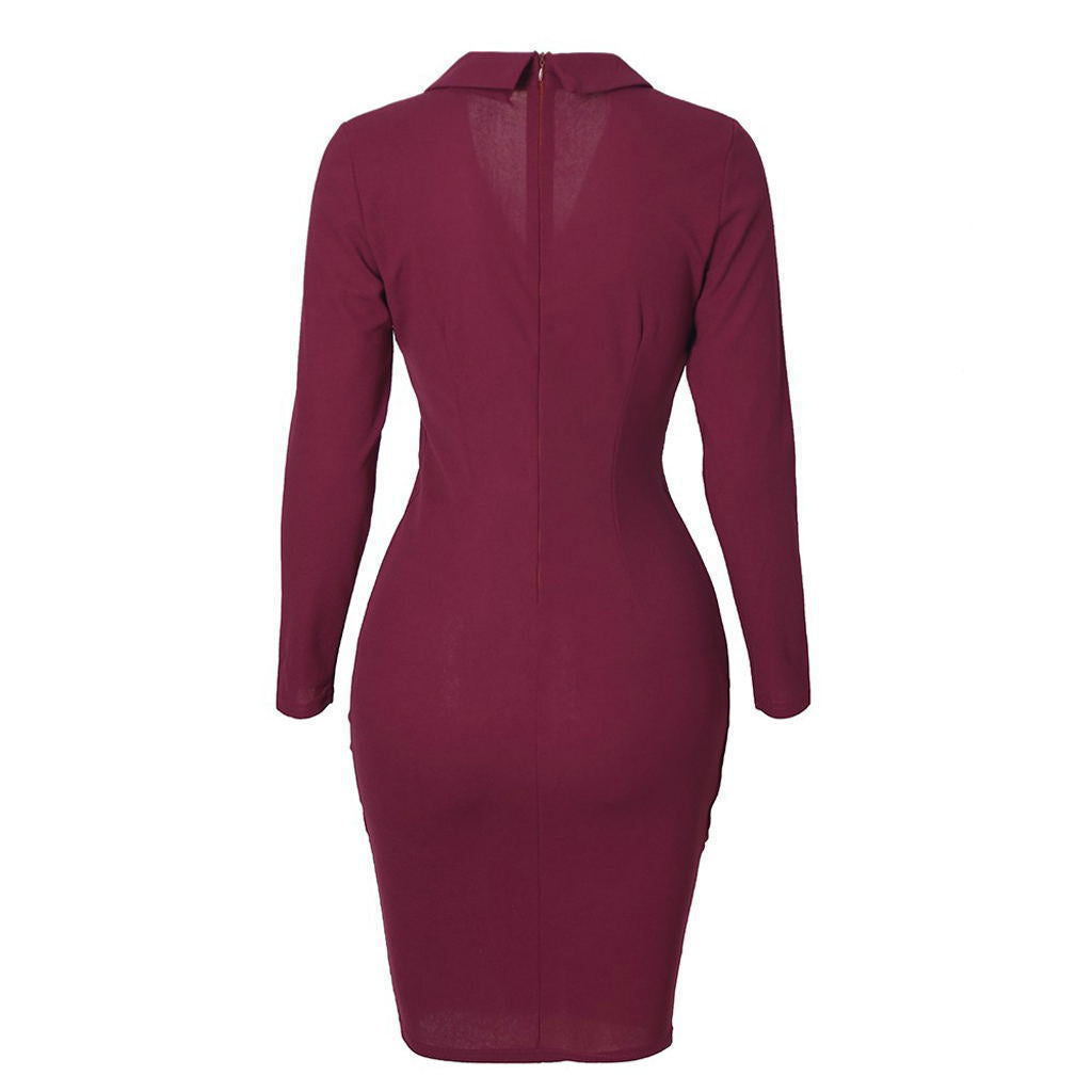 Formal OL Style Long Sleeves Dresses-Wine Red-S-Free Shipping Leatheretro