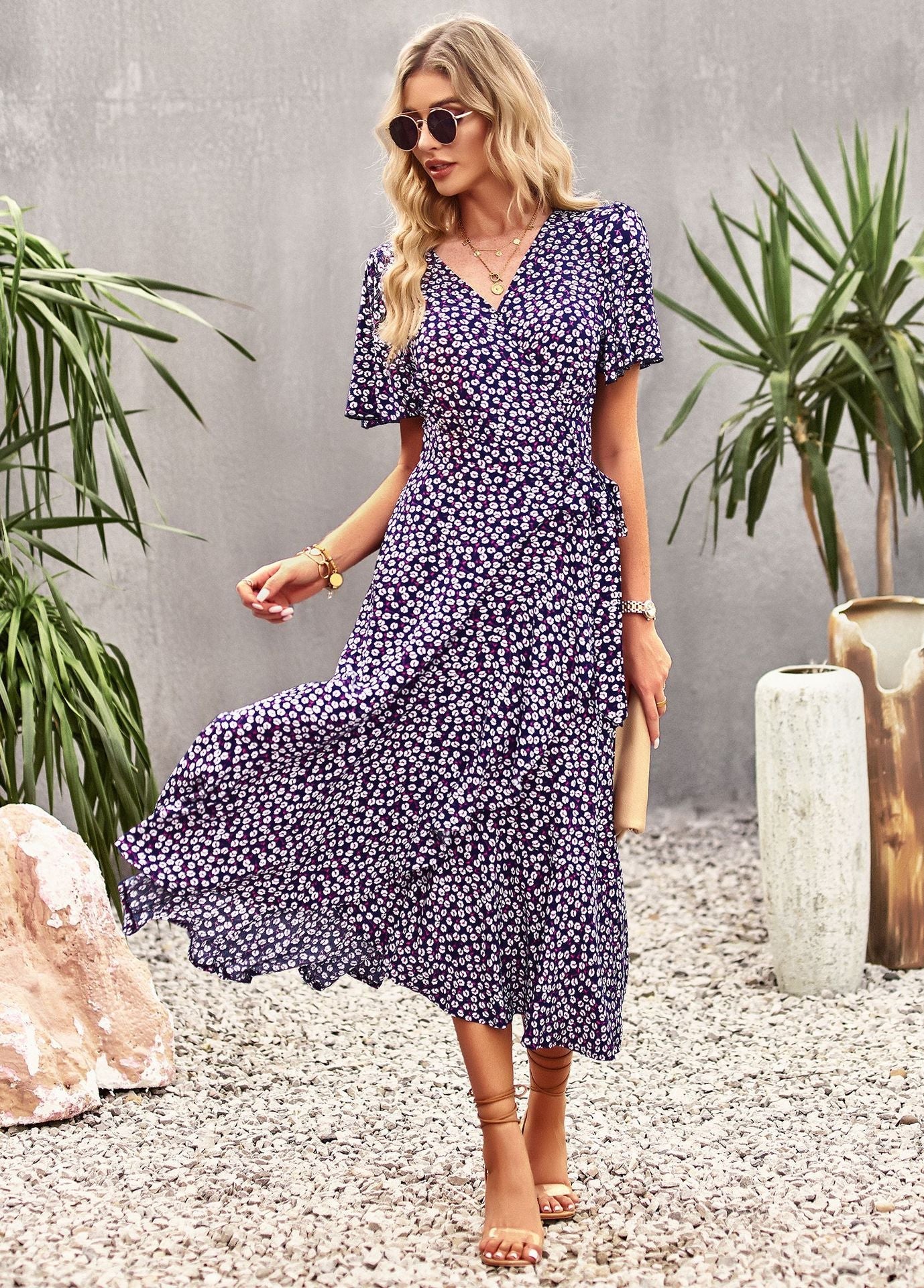 Classy A Line Short Sleeves Long Dresses-Dresses-Navy Blue-S-Free Shipping Leatheretro