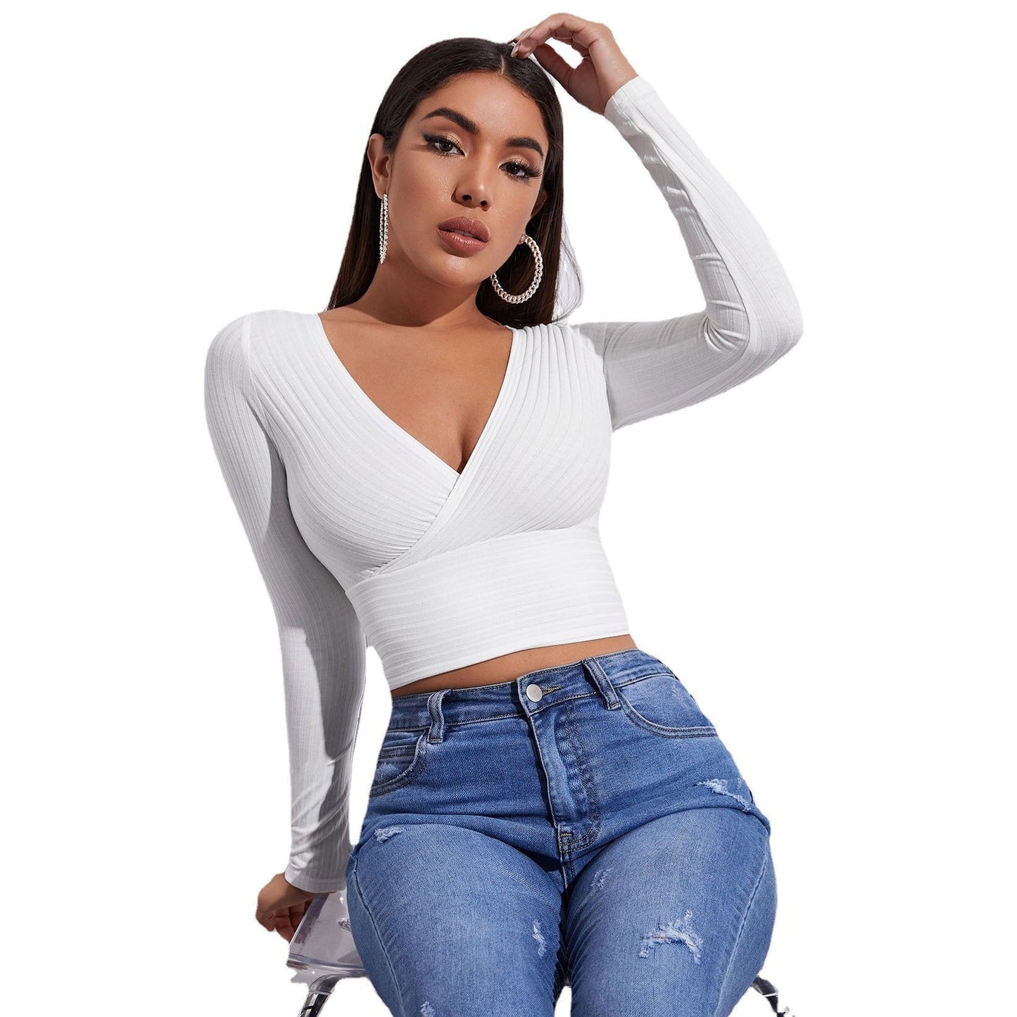 Sexy Deep V Neck Long Sleeves Women Short Tops-Shirts & Tops-White-S-Free Shipping Leatheretro