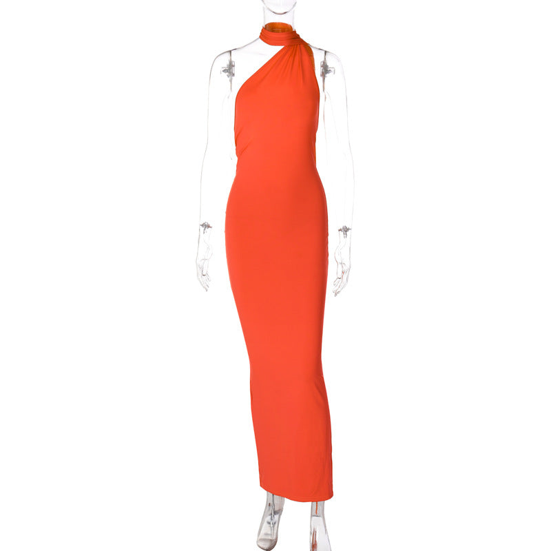 Sexy One Shoulder Sleeveless Long Evening Party Dresses-Dresses-Orange-S-Free Shipping Leatheretro