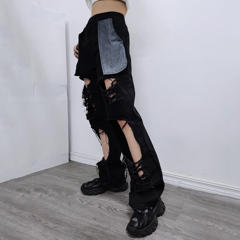 Causal Broken Holes High Waist Demin Pants-One Piece Suits-Black-S-Free Shipping Leatheretro