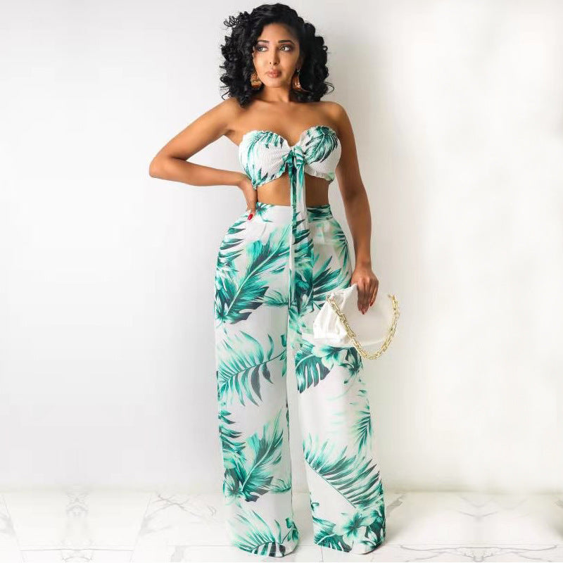 Summer Sexy Leaf Print Two Pieces Suits-Suits-Blue&White-S-Free Shipping Leatheretro