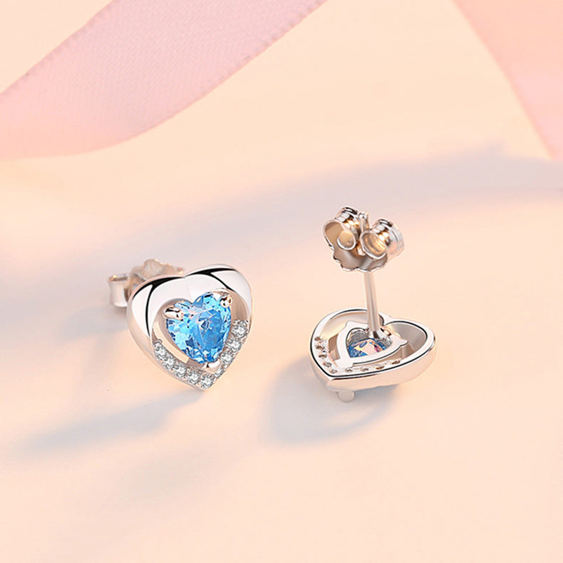 Lovely Heart Shape Zircon Silver Earring Studs-Earrings-Blue-Free Shipping Leatheretro