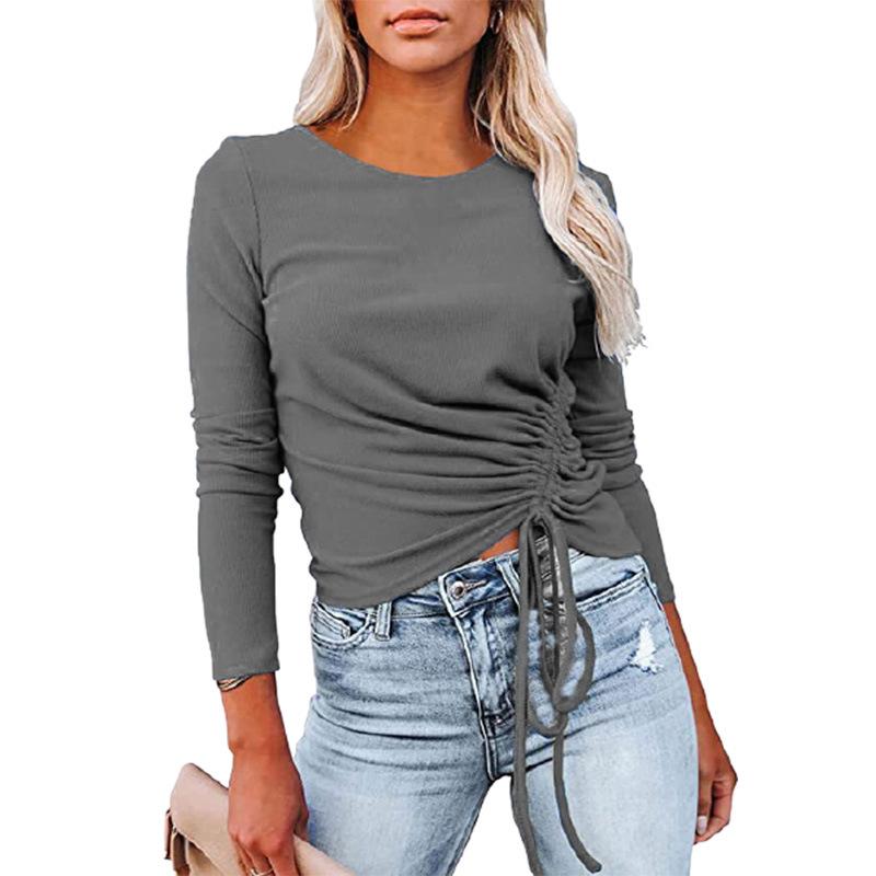 Women Drawstring Fall Long Sleeves T Shirts-Shirts-Gray-S-Free Shipping Leatheretro