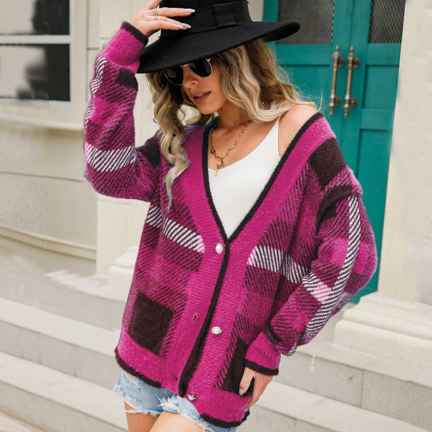 Winter Women Knitted Long Sleeves Cardigans-Shirts & Tops-Rose Red-S-Free Shipping Leatheretro