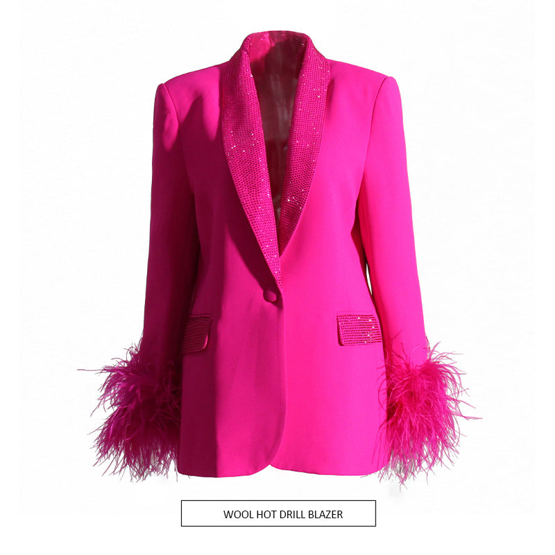 Luxury Designed Feather Blazer Coat for Women-Coats & Jackets-Rose Red-S-Free Shipping Leatheretro