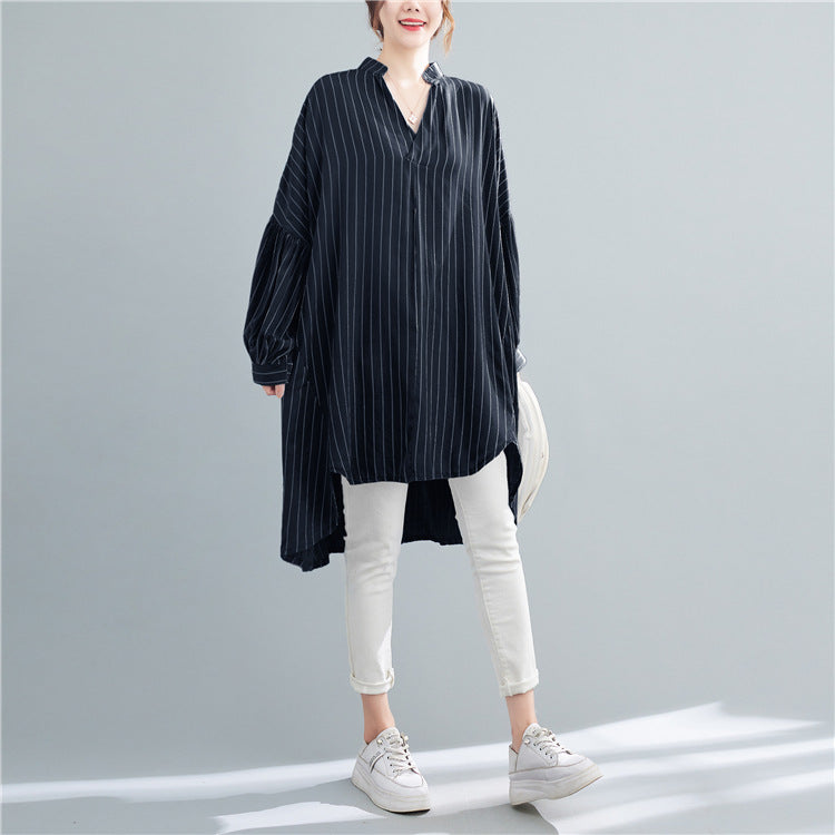 Designed Striped Long Shirts Dresses for Women-Dresses-Black-One Size-Free Shipping Leatheretro