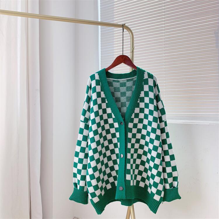 Women Chessboard Print Loose Knitting Cardigans-Shirts & Tops-Green-One Size-Free Shipping Leatheretro