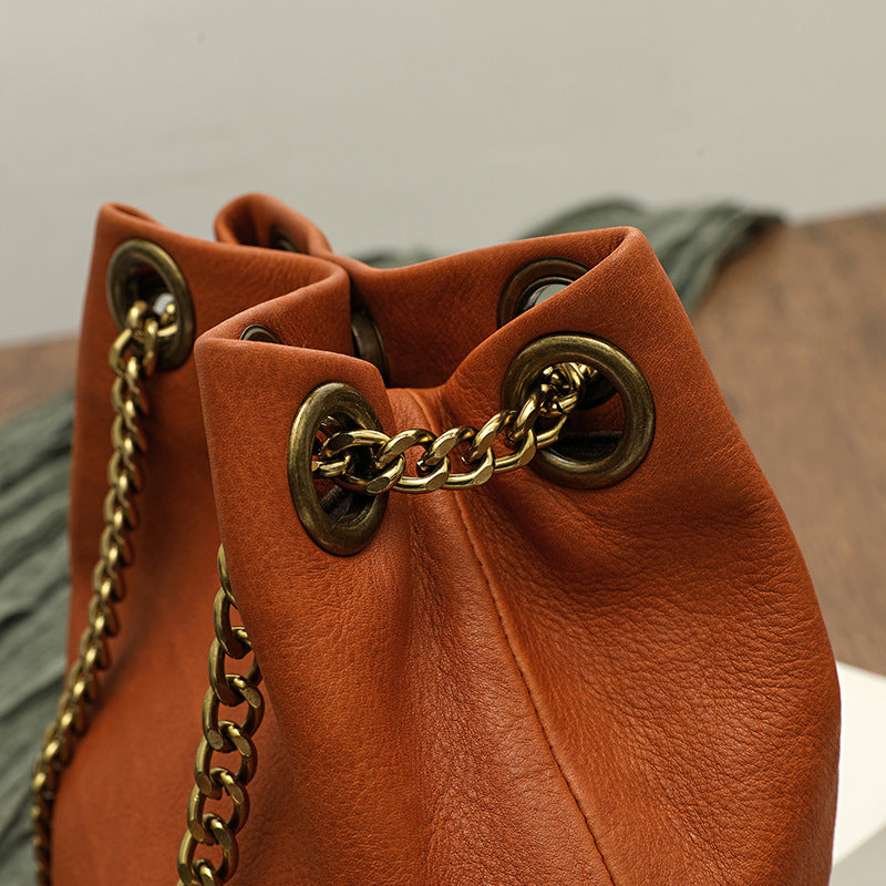 Vintage Vege Tanned Leather Bucket Bag with Chains 21032-Yellow-Free Shipping Leatheretro