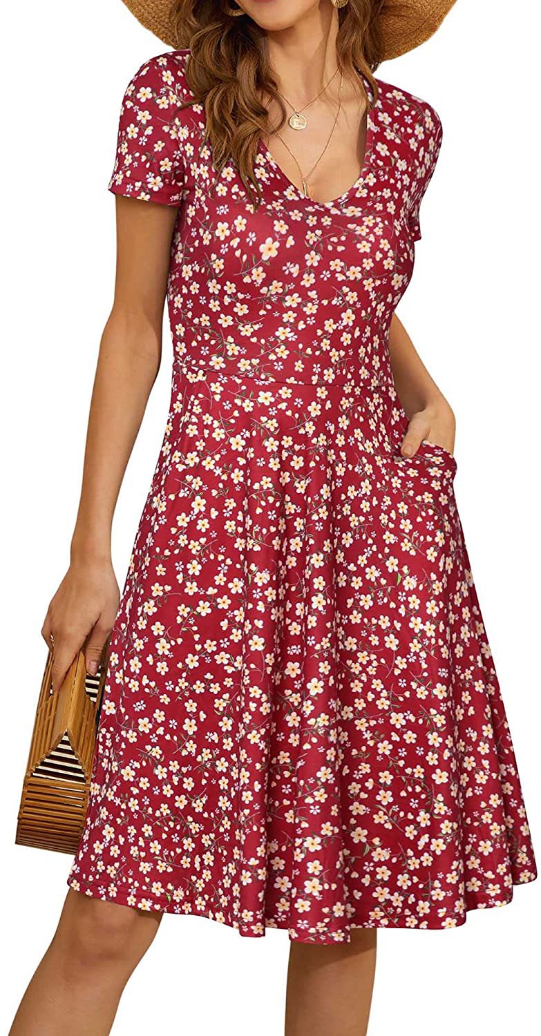 Casual Summer Sunflower Print Daily Women Sun Dresses-Dresses-Red-S-Free Shipping Leatheretro
