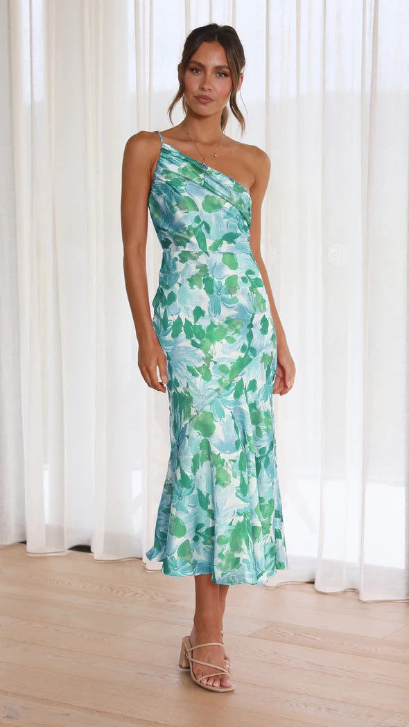 Fashion Summer One Shoulder Midi Length Dresses-Dresses-Blue-S-Free Shipping Leatheretro