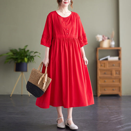 Vintage Embroidery Cotton Women Plus Sizes Dresses-Dresses-Red-M-Free Shipping Leatheretro