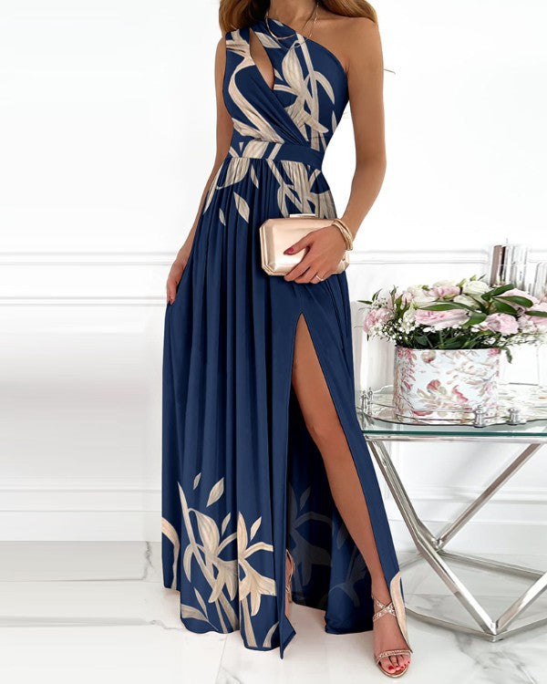 Sexy One Shoulder Split Front Summer Long Dresses-Maxi Dreses-Blue Print-S-Free Shipping Leatheretro