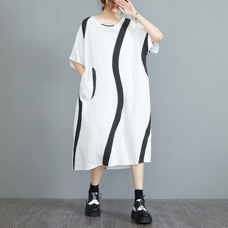 Casual Striped Plus Sizes Women Dresses-Dresses-White-L-Free Shipping Leatheretro